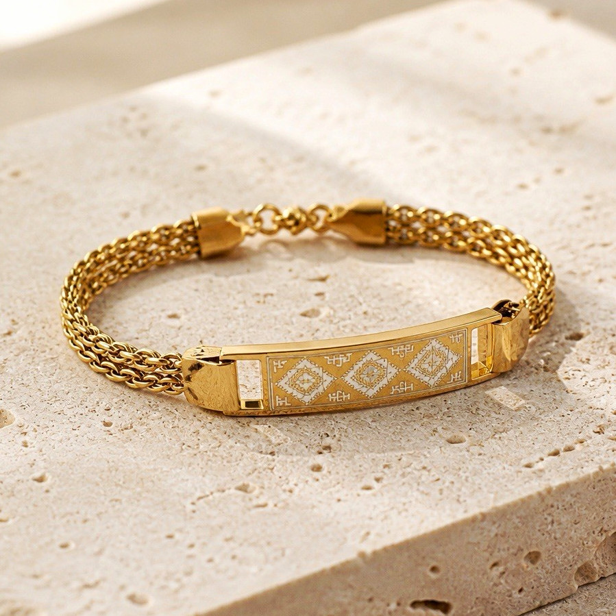 Gold Tone Curb Link Chain ID Bracelet Rectangle Panel, Adjustable, Lobster, 7″