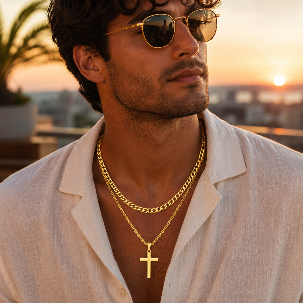Dual Layer Cuban Link Cross Necklace for Men Women Stainless Steel Two-Tone Gold