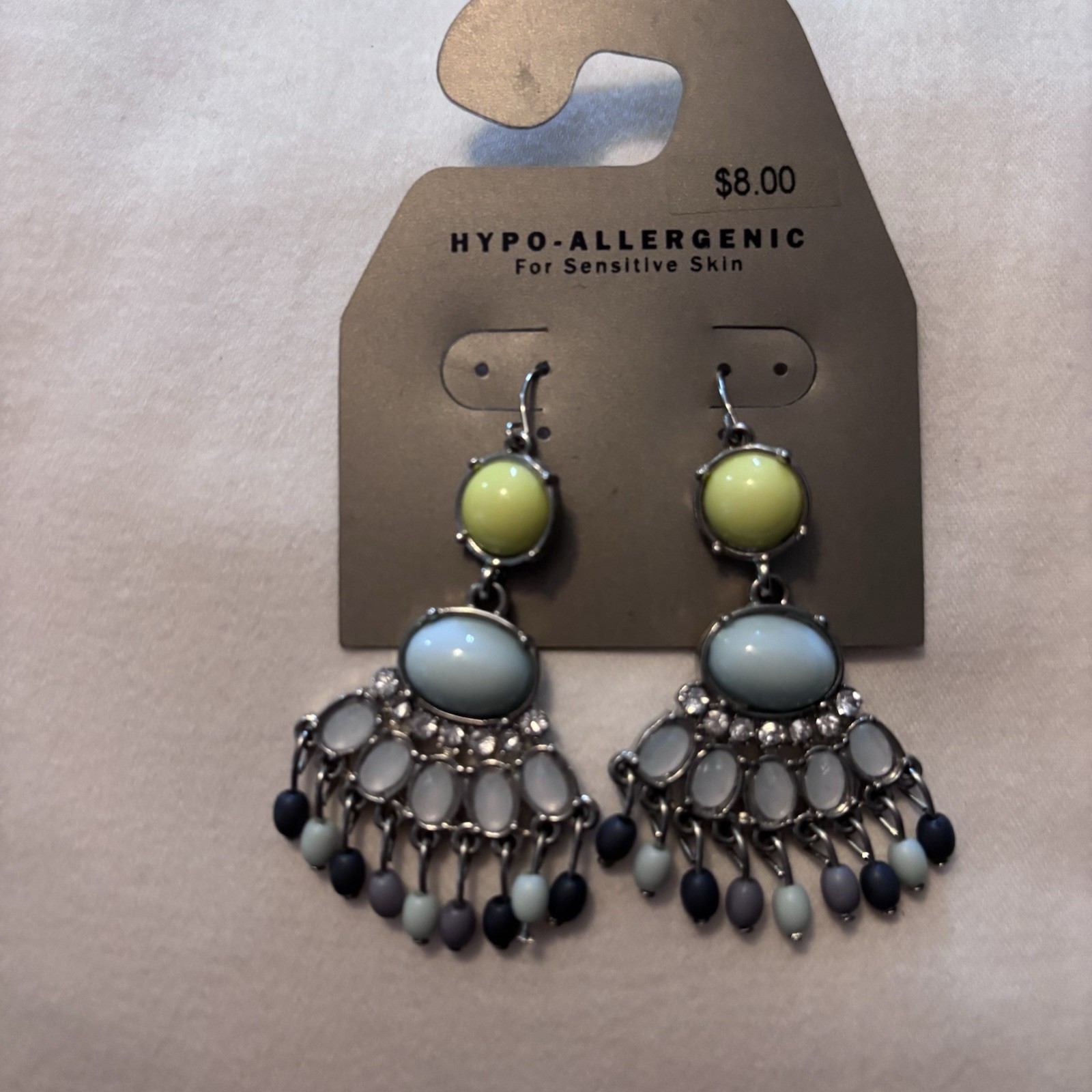 Beaded Dangly Pierced Dangle Earrings Silver Tone Light Blue Pale Yellow Beads