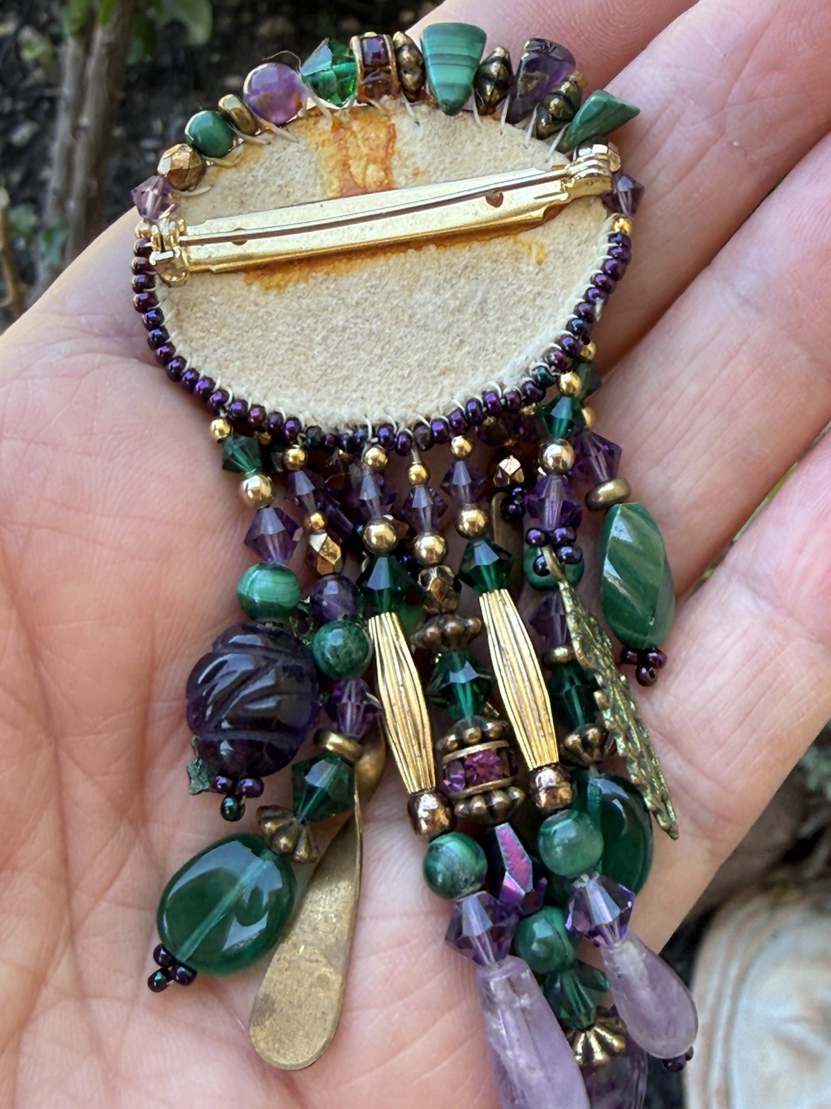 VTG Boutique Artisan Fringe Malachite & Amethyst Gem Dangles Crystal Pin Brooch