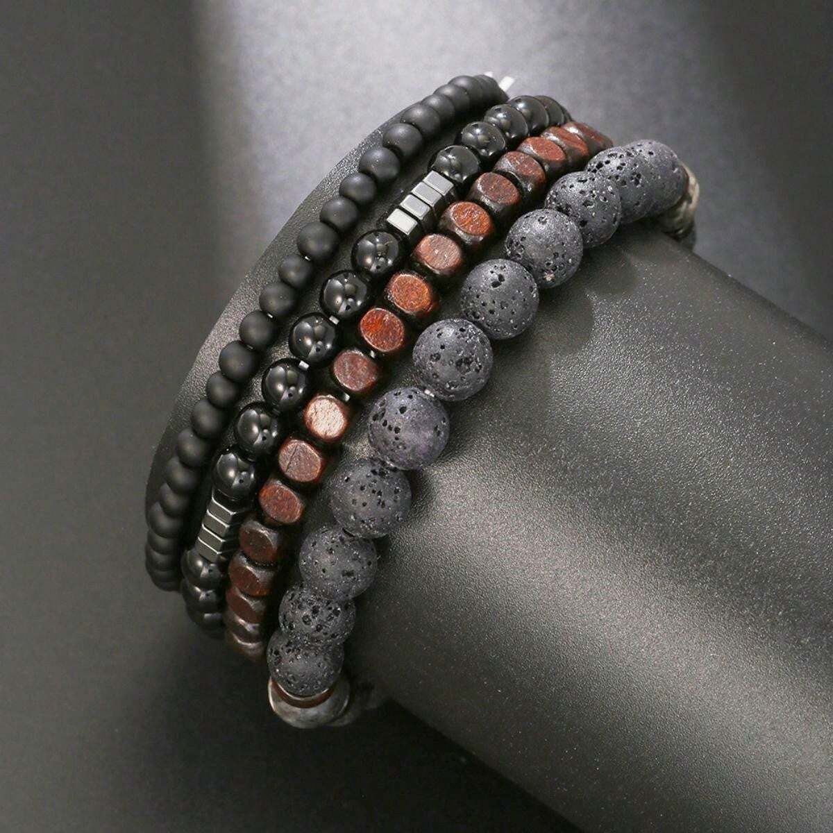 4pcs/Set Casual Style Black Lava Bead Bracelets For Daily Wear Women Men Gift US