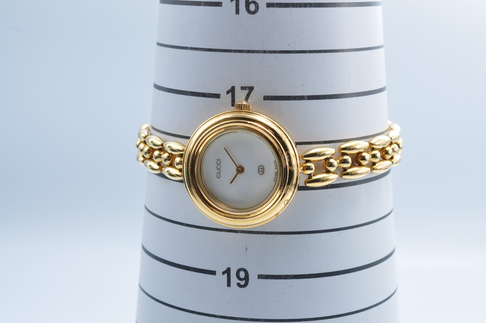Gucci 11/12.2 Change Bezel Watch Gold Tone Rice Link Band w/6Bezels,Box w-11131