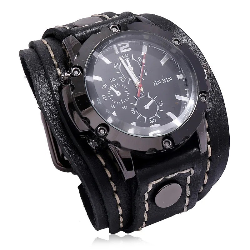 Wide Leather Watch Cuff Band Brown Wrist Black Strap Punk Retro Quartz Mens New