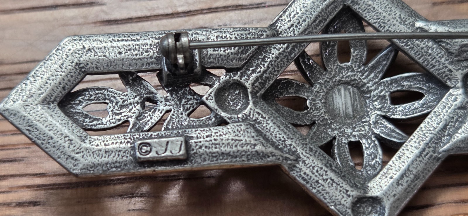Vintage JJ Art Nouveau Pin Bar Brooch, Silver Tone Flower, Jonette Jewelry