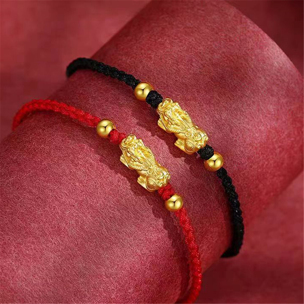 Pure 999 24K Yellow Gold Men Women 3D Wealth Dragon Pixiu Bead Bracelet 0.3-0.5g