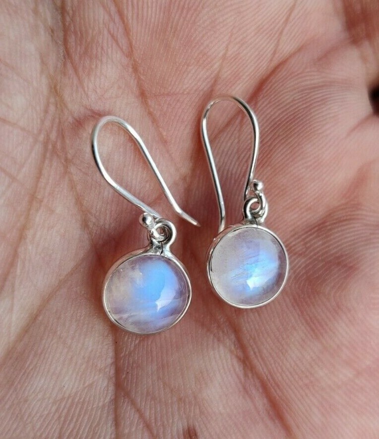 Blue Fire Rainbow Moonstone Round Cabochon 925 Sterling Silver Handmade Earrings