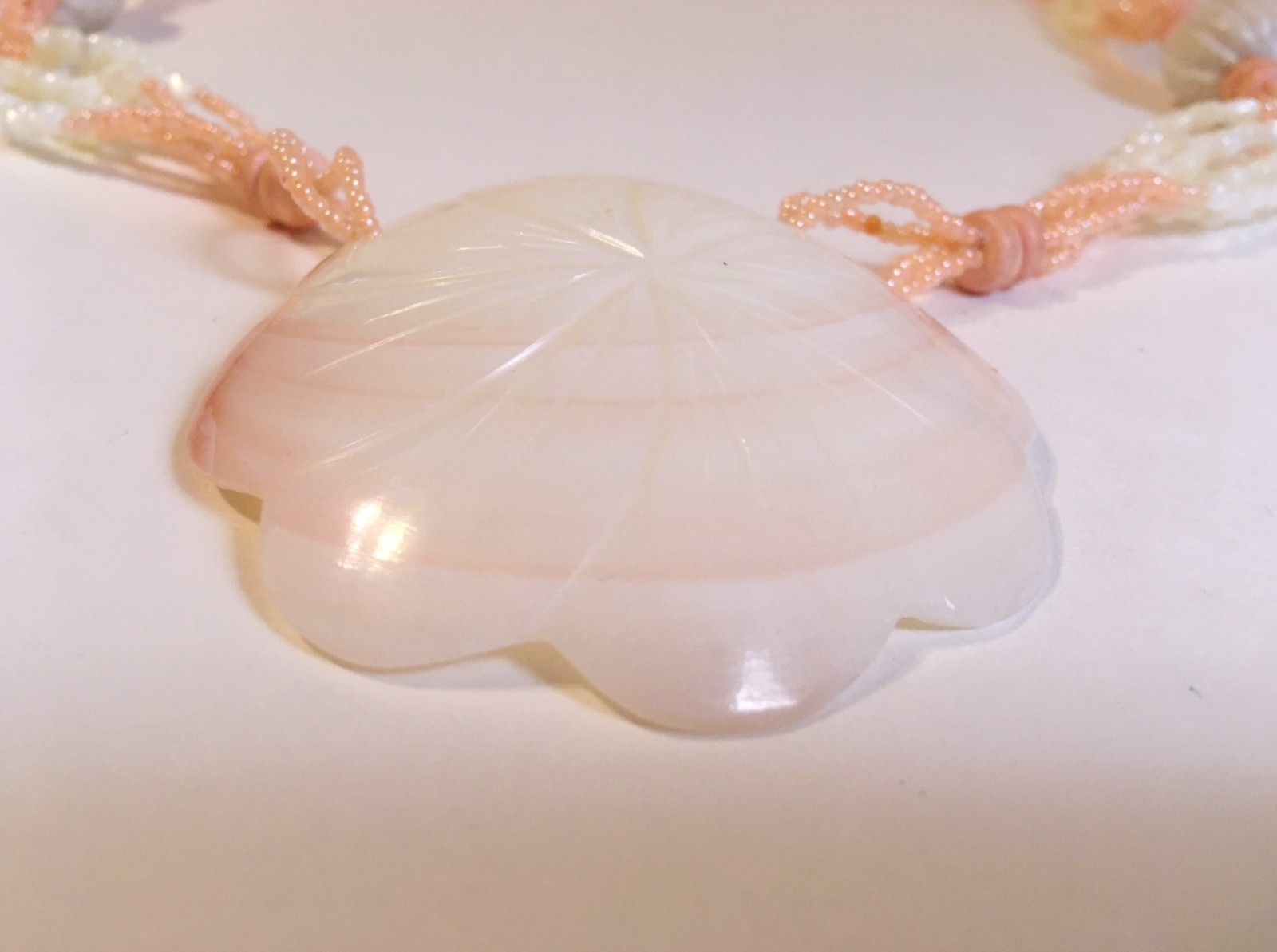 Shell Necklace Earring Set Pendant Pink Off White Beaded Triangle Post Handmade
