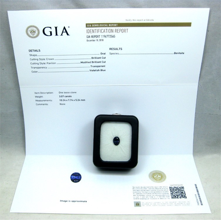 Large Rare Faceted Benitoite, 3.07 carats, with G.I.A. Lab Report