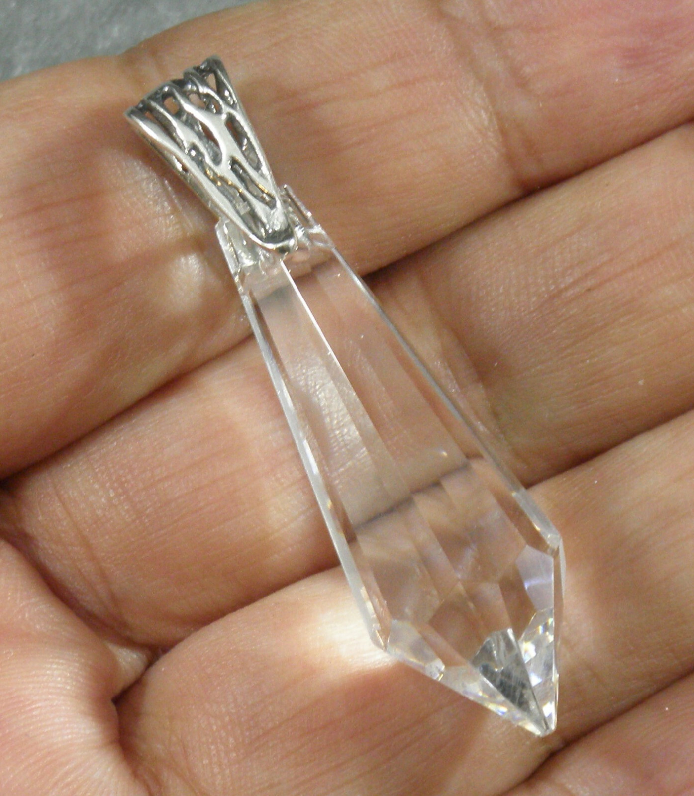Clear Crystal Prism Large Faceted Point Pendant .925 Sterling Silver Bail 47mm