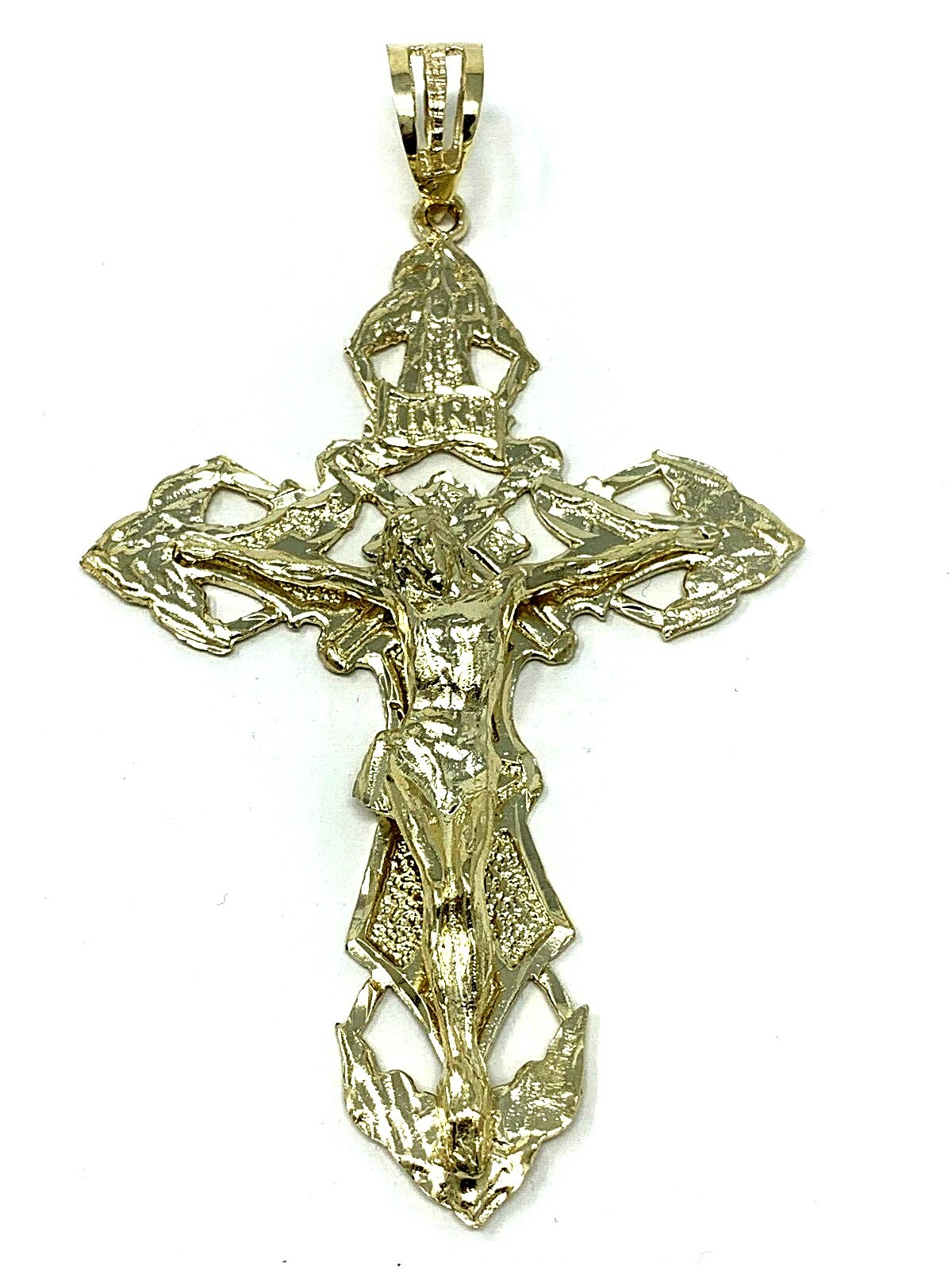 10k Yellow Gold Religious INRI Jesus Christ 3D Big Cross Pendant 5.25″- 45 grams