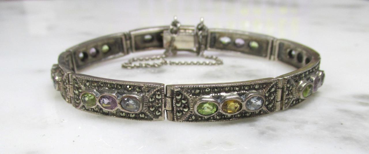Sterling Silver Bracelet w/ Multicolored Stones & Marcasites ~ 23.7g ~ 6-A330