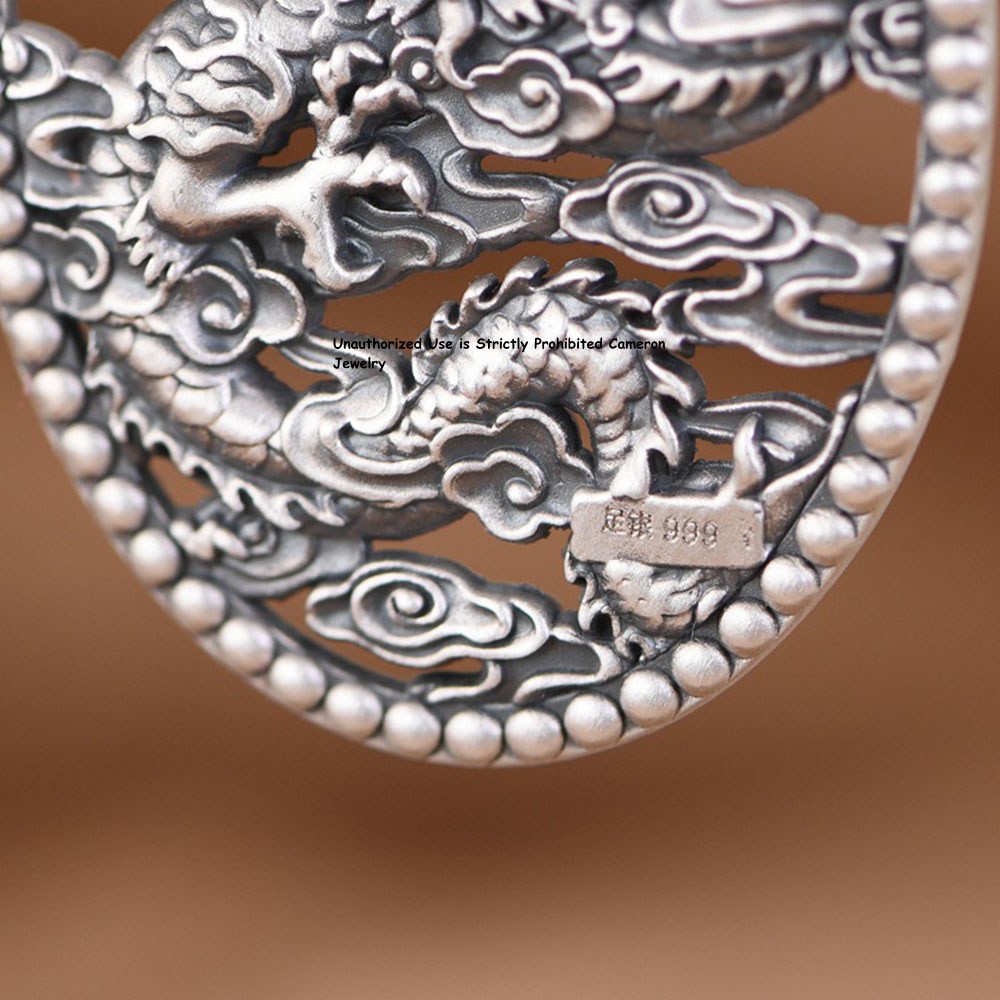 Pure S999 Fine Silver 999 Men Women Lucky Cloud Dragon Pendant 25-26g 56*31mm