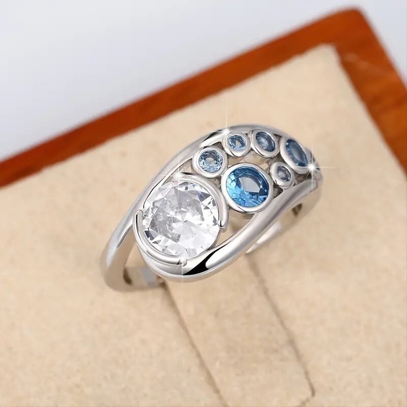 Elegant 925 Sterling Silver Blue White Topaz Wedding Engagement Ring Size 7