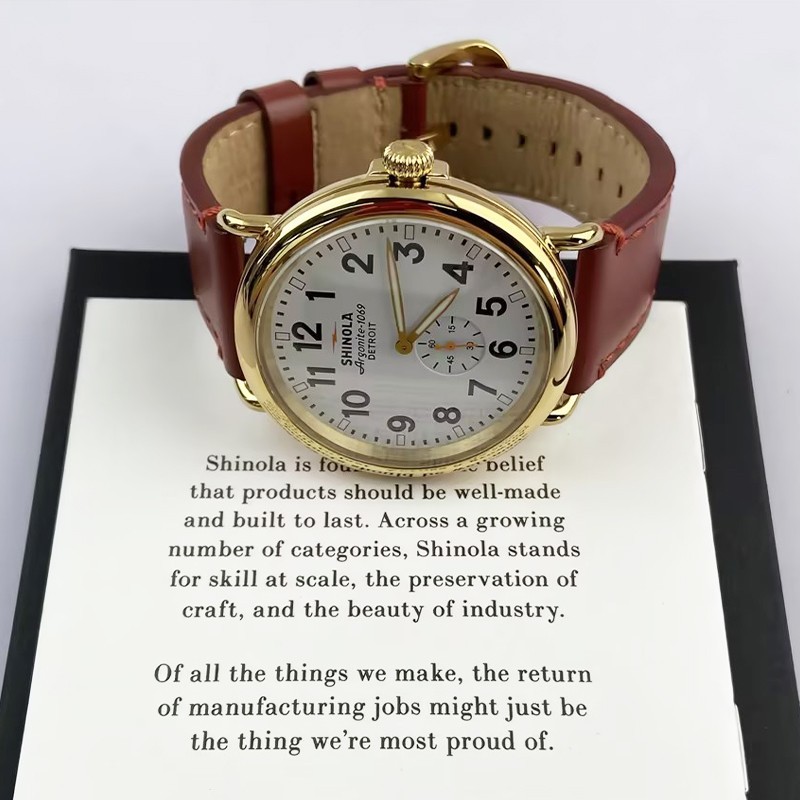 Men Shinola Runwell Argonite 1069 White Dial Gold Case Quartz Watch 47mm Leather