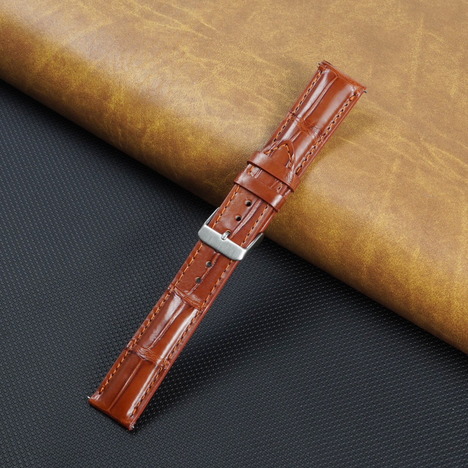 Brown Leather Watch Strap Real Crocodile Leather Padded Watch Band Men Classic