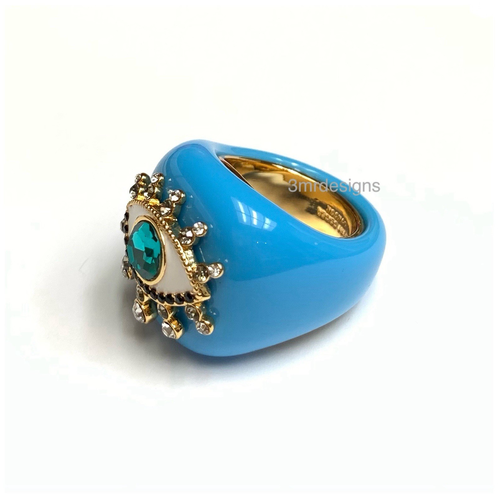 NIB KURT GEIGER LONDON Evil Eye Gold Tone Faceted Crystals Resin Dome Ring-Sz.9