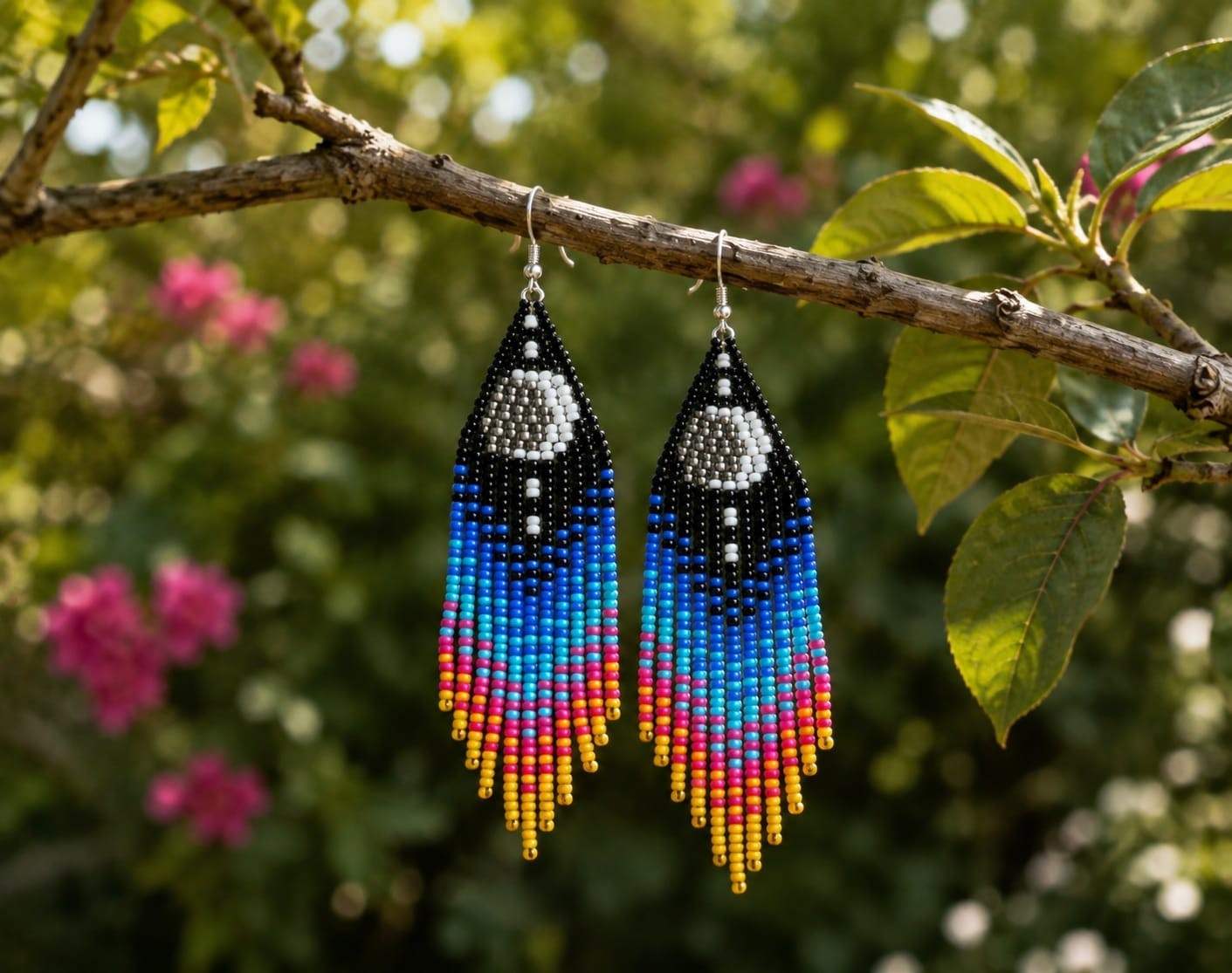 Handmade Seed Bead Fringe Earrings Long Tassel Boho Dangle Statement Jewelry.
