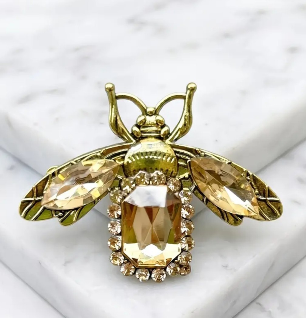 VTG GOLD TOPAZ HONEY BEE INSECT BUG BROOCH PIN~RHINESTONE CRYSTAL~GARDENER GIFT