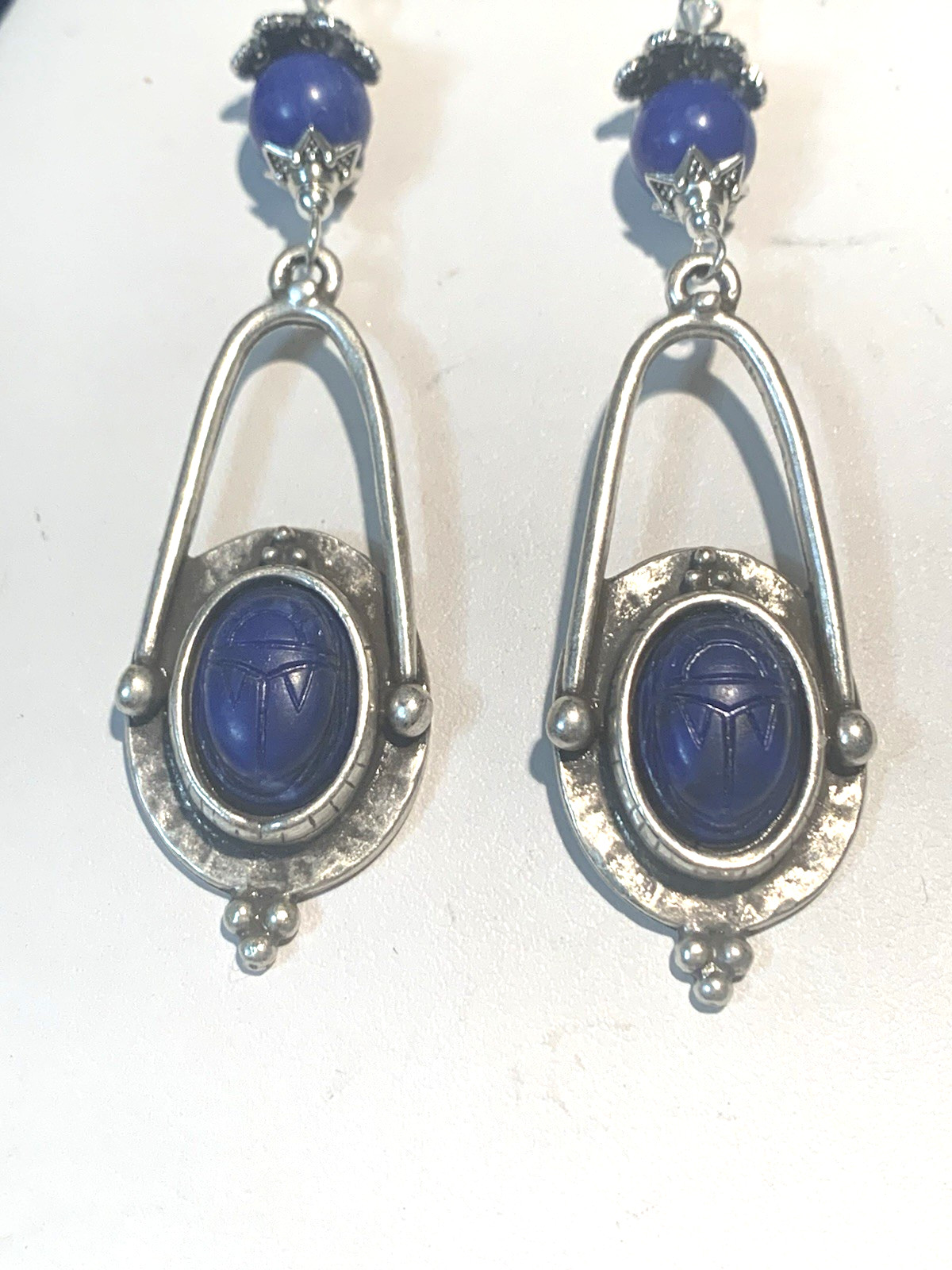 NEW ITEM* HANDCRAFTED EGYPT CARVED VTG. LAPIS SCARAB EARRINGS-NEW-.925 EAR WIRES