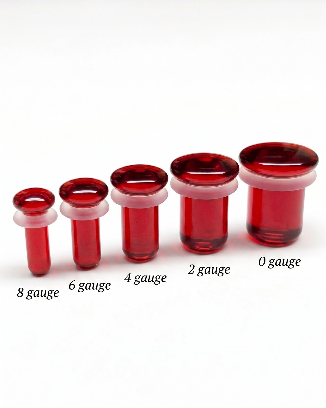 Pairs of Red Glass Single Flare Plugs with O Rings Sizes 8GA-13/16 Inch E610
