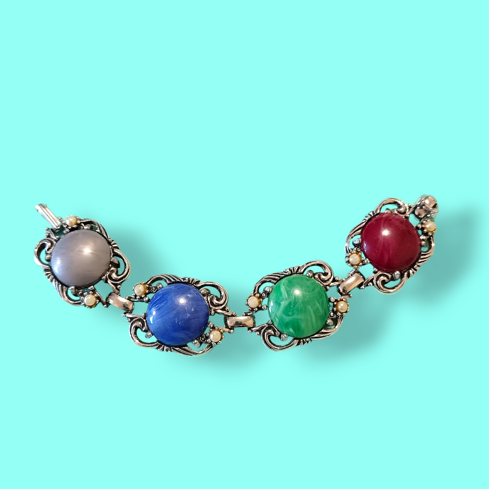 Vintage Colored Lucite Acrylic Open Work Panel Link Bracelet 7.5in Green Blue