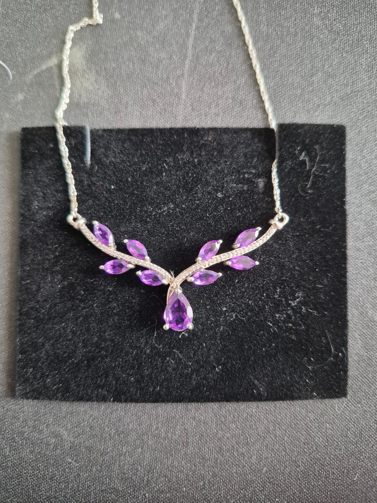 Amethyst and 1/10 CT. T.W. Diamond Chevron Vine Necklace in Sterling Silver