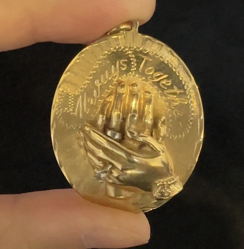 14K Gold “Always Together” Medal Pendant Couple Hands With Diamond