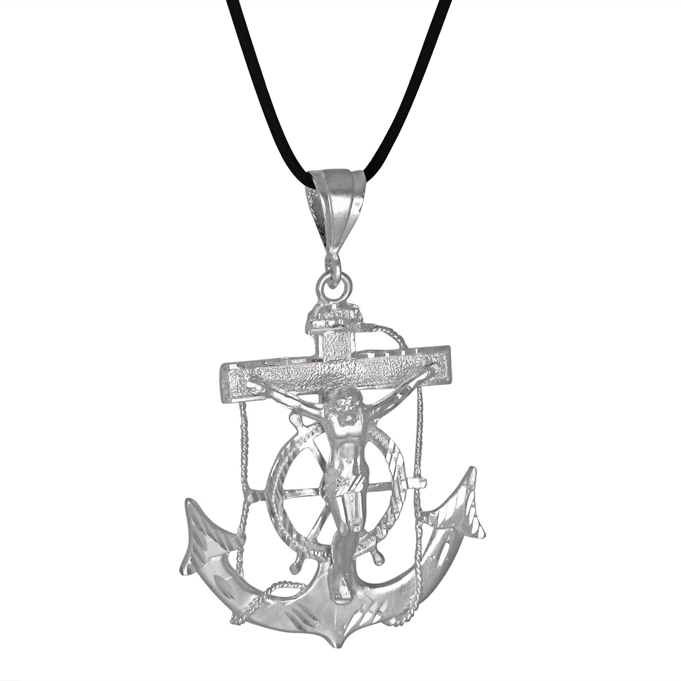 Sterling Silver .925 Crucifix Anchor Cross Mariner Pendant XL | Made in USA