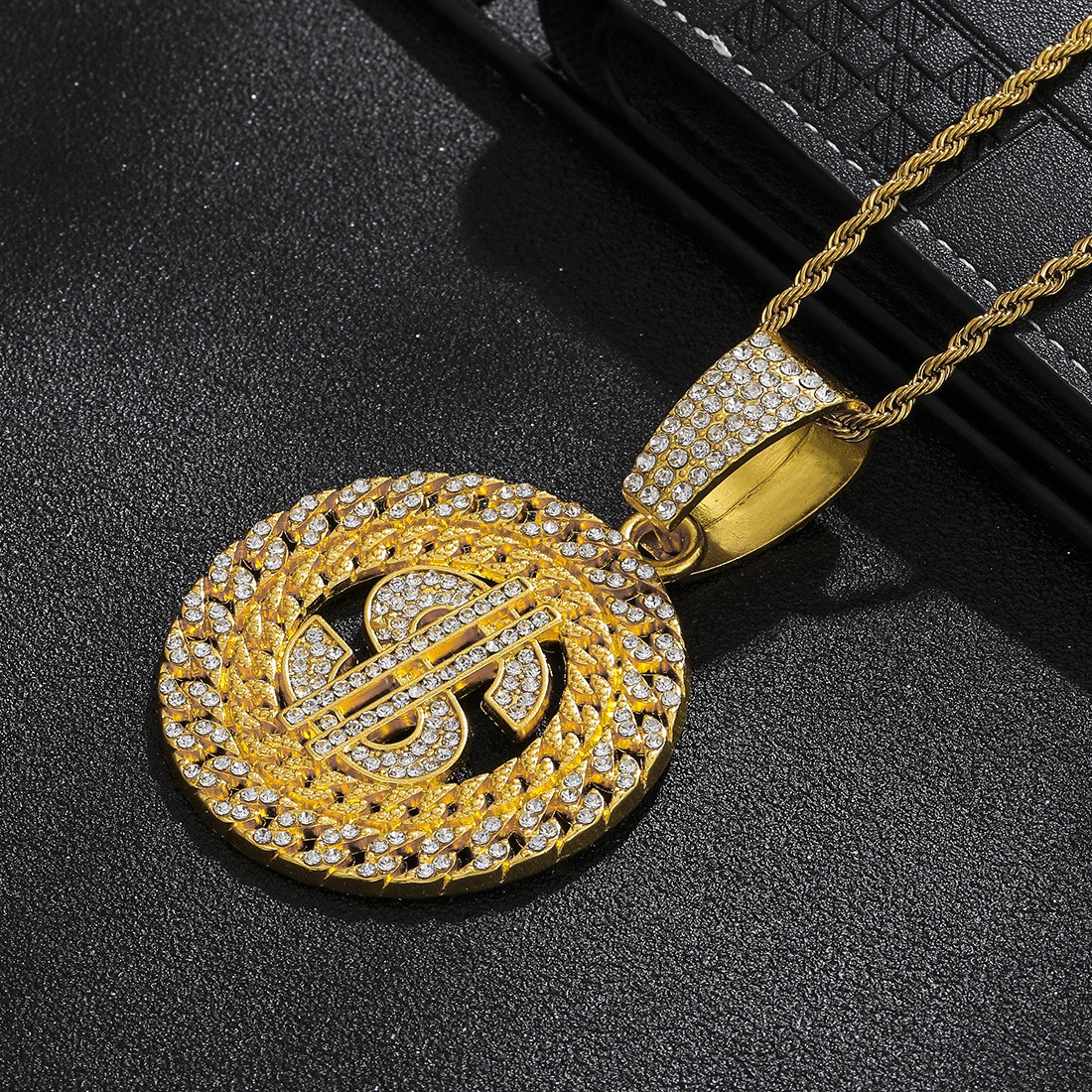 Dollar Sign Pendant Necklace Men Gold-Plated Zinc Alloy Synthetic Rhinestones