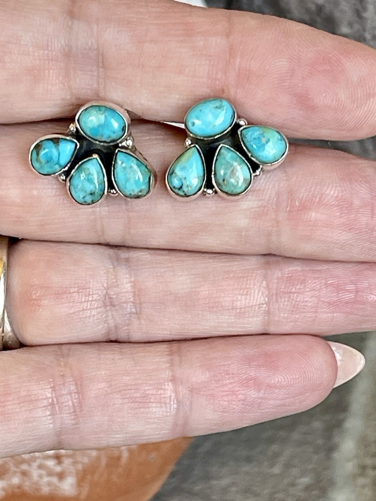 Native American Style Sterling Silver Turquoise Cluster Earrings Southwest Boho