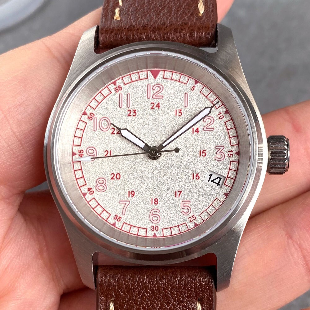 20BAR Diving 36mm Field Watch Men NH35 Sapphrie Matte White Dial Red Index 2024
