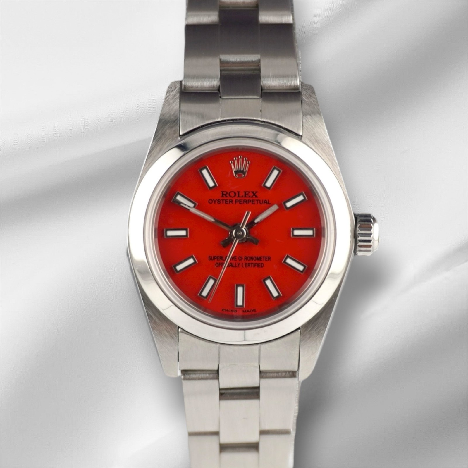 Rolex Oyster Perpetual 25mm Steel Red Dial Smooth Oyster Watch 67180