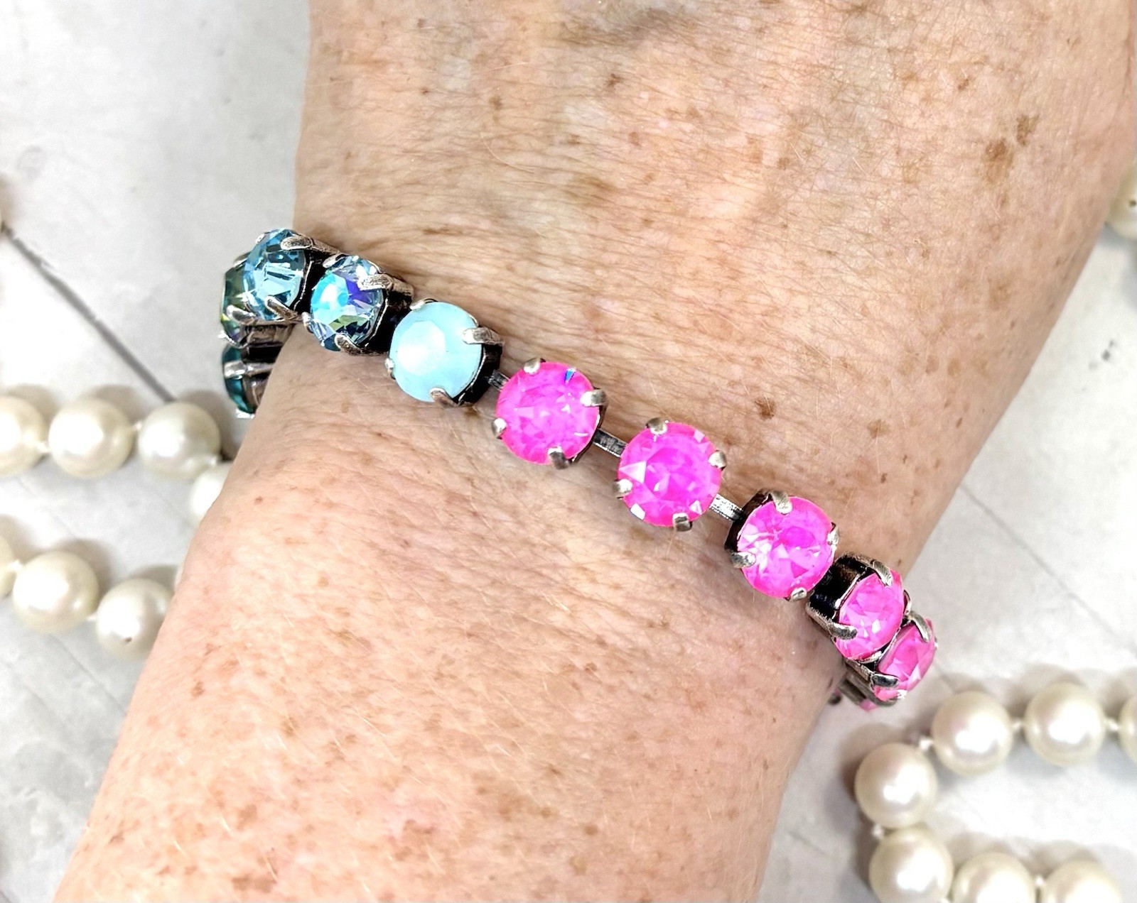 Neon Pink Delite And Teal Swarovski Crystal Cup Chain Tennis Bracelet