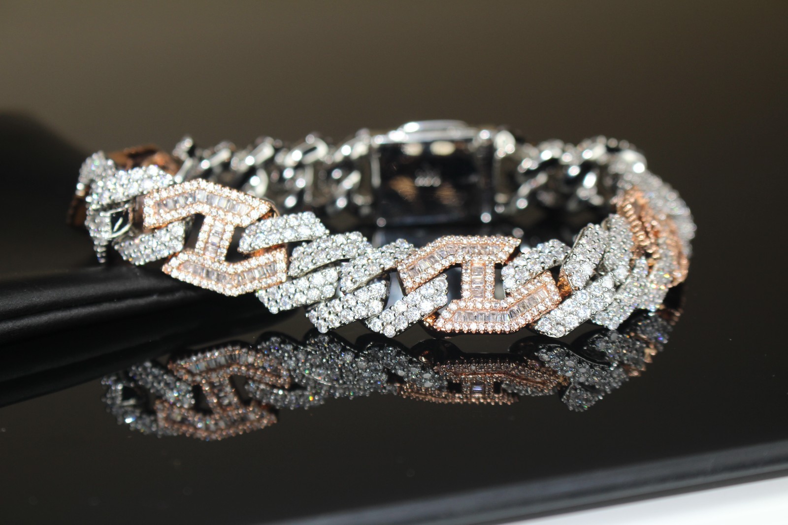 14k STAMPED 14mm FIGARUCCI Cuban 18ct Lab VVS1 Sim Diamonds ROSE 2-Tone Bracelet