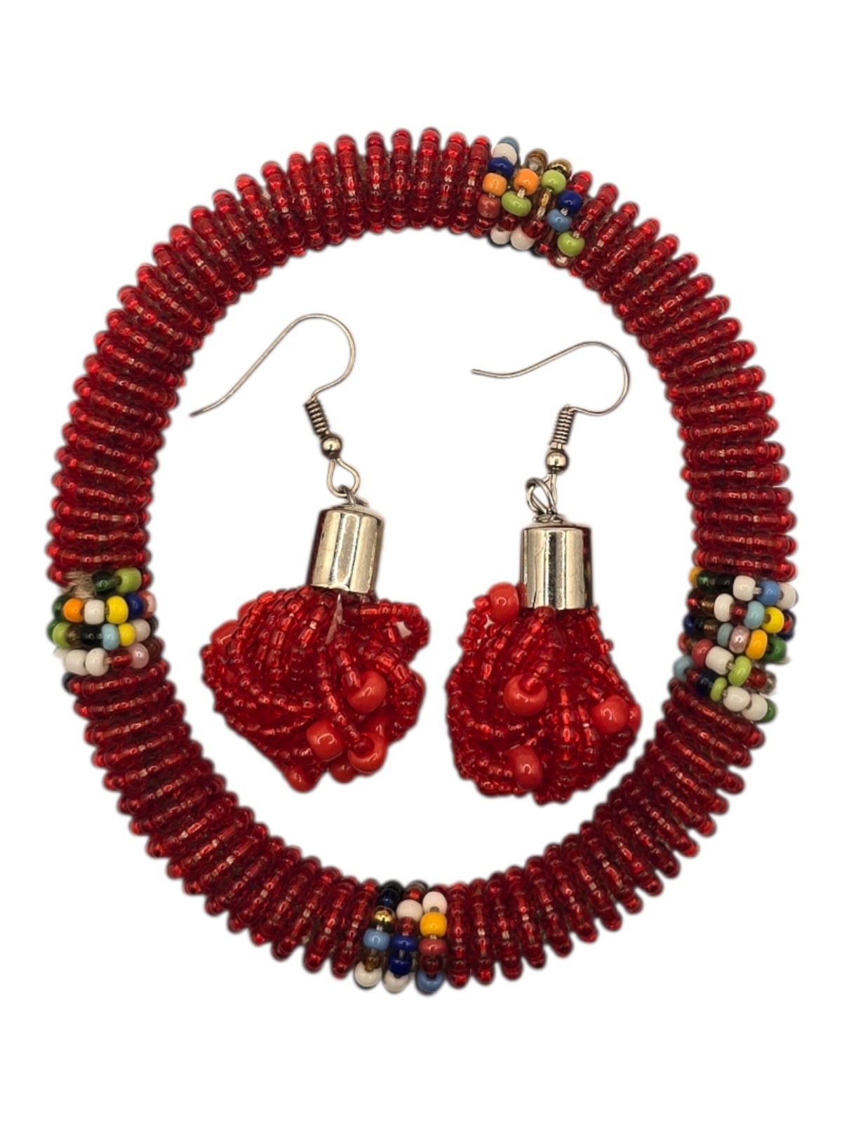 African Bracelet with Earring Set – Red Handmade in Kenya by the Maasia Tribe