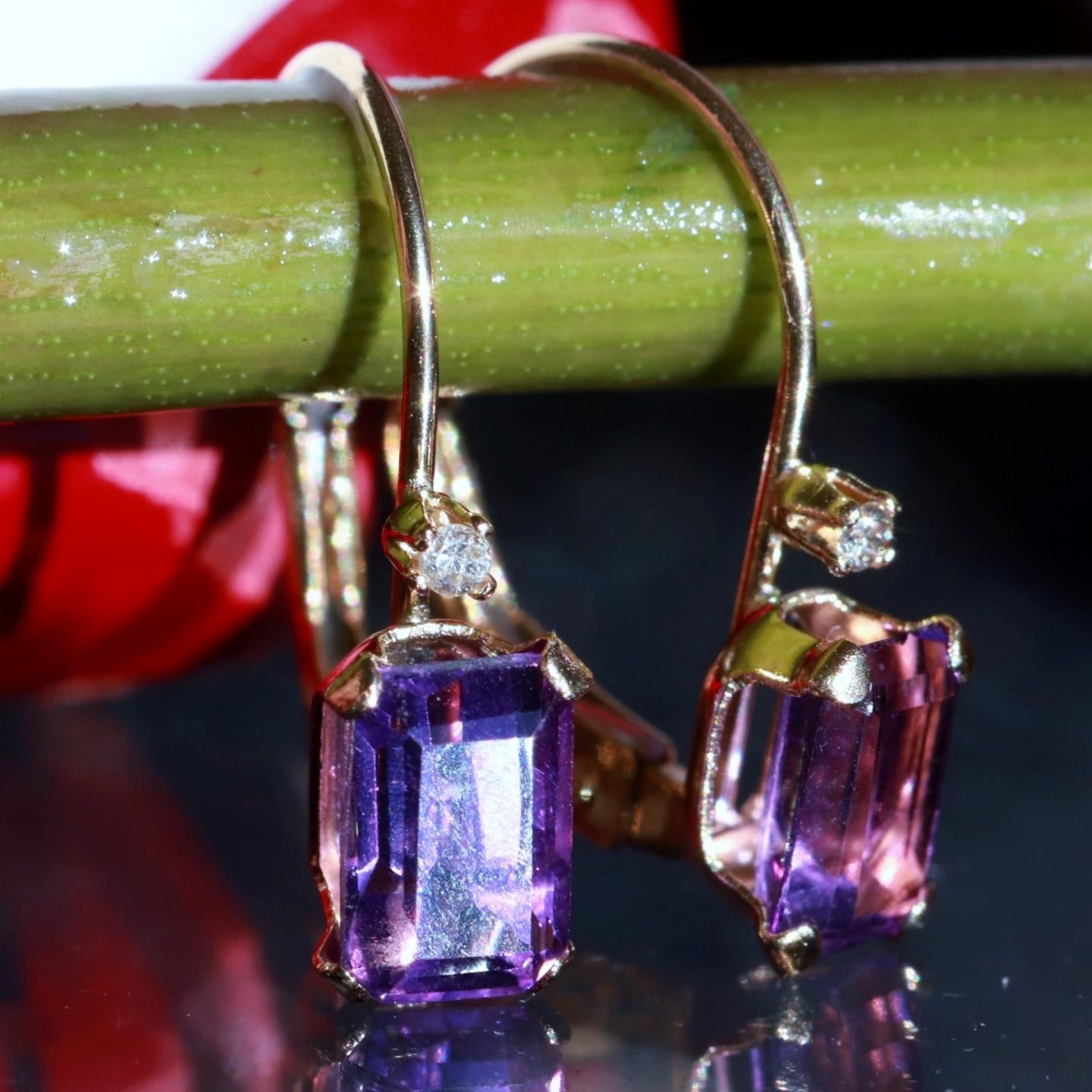 14k yellow gold earrings 0.82ct amethyst diamond 0.61″ dangle 0.91gr N3685