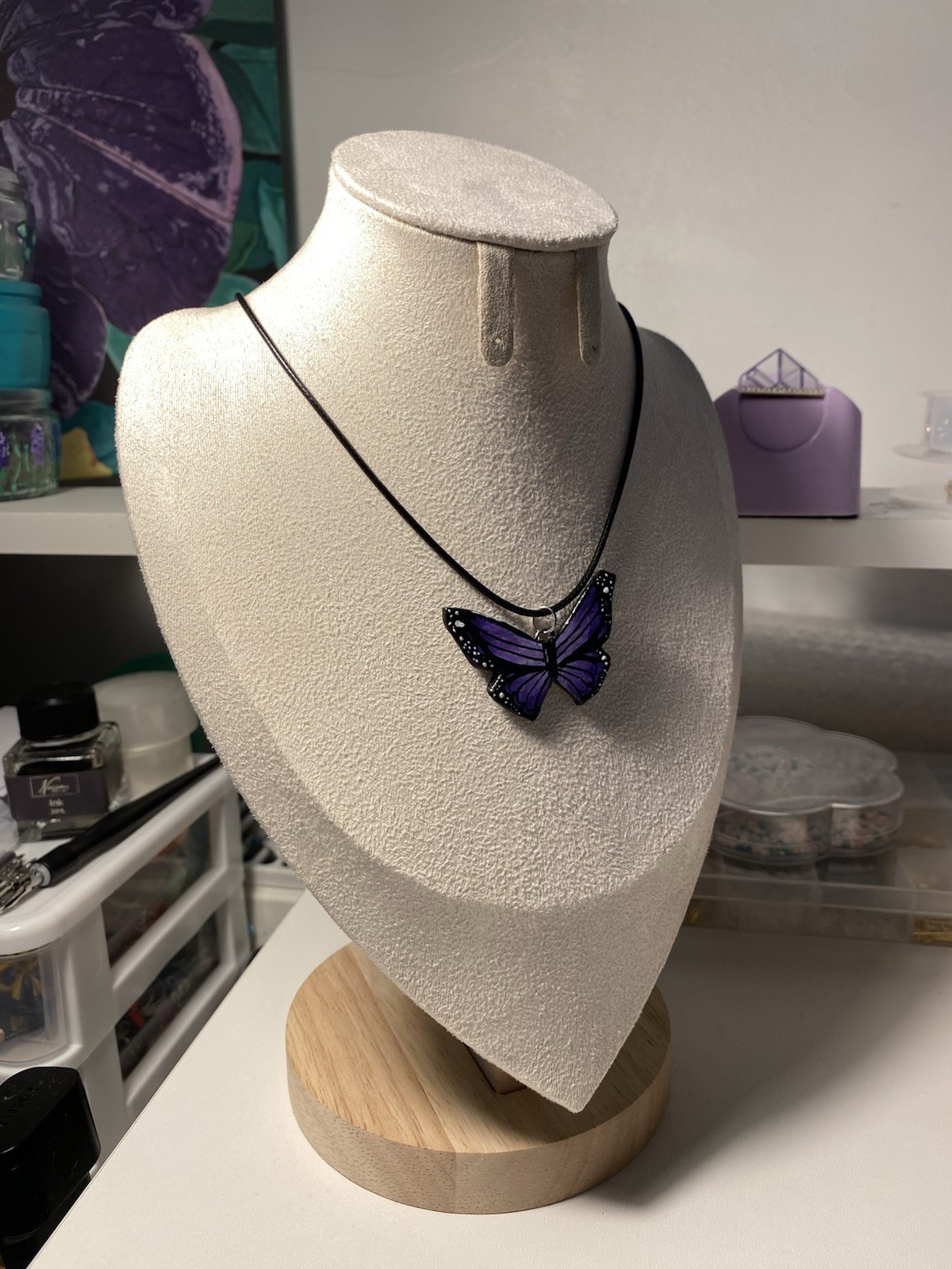 Purple Enamel Butterfly Charm Pendant Necklace on Black Cord Animals & Insects