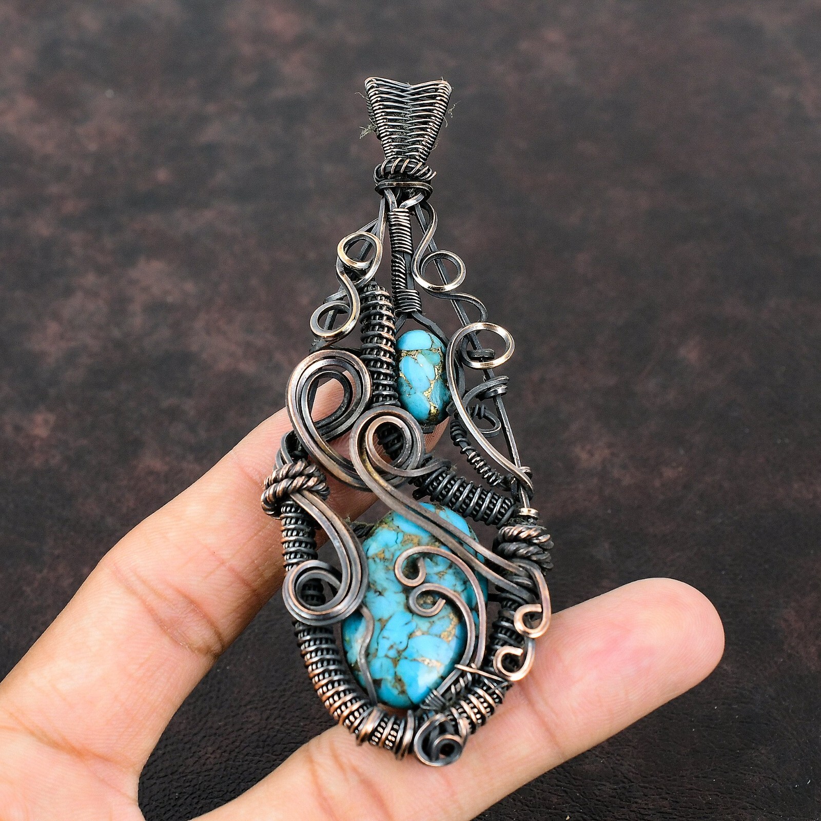 Gift For Women Jewelry Wire Wrapped Pendant Copper Blue Turquoise Gemstone 4.17″