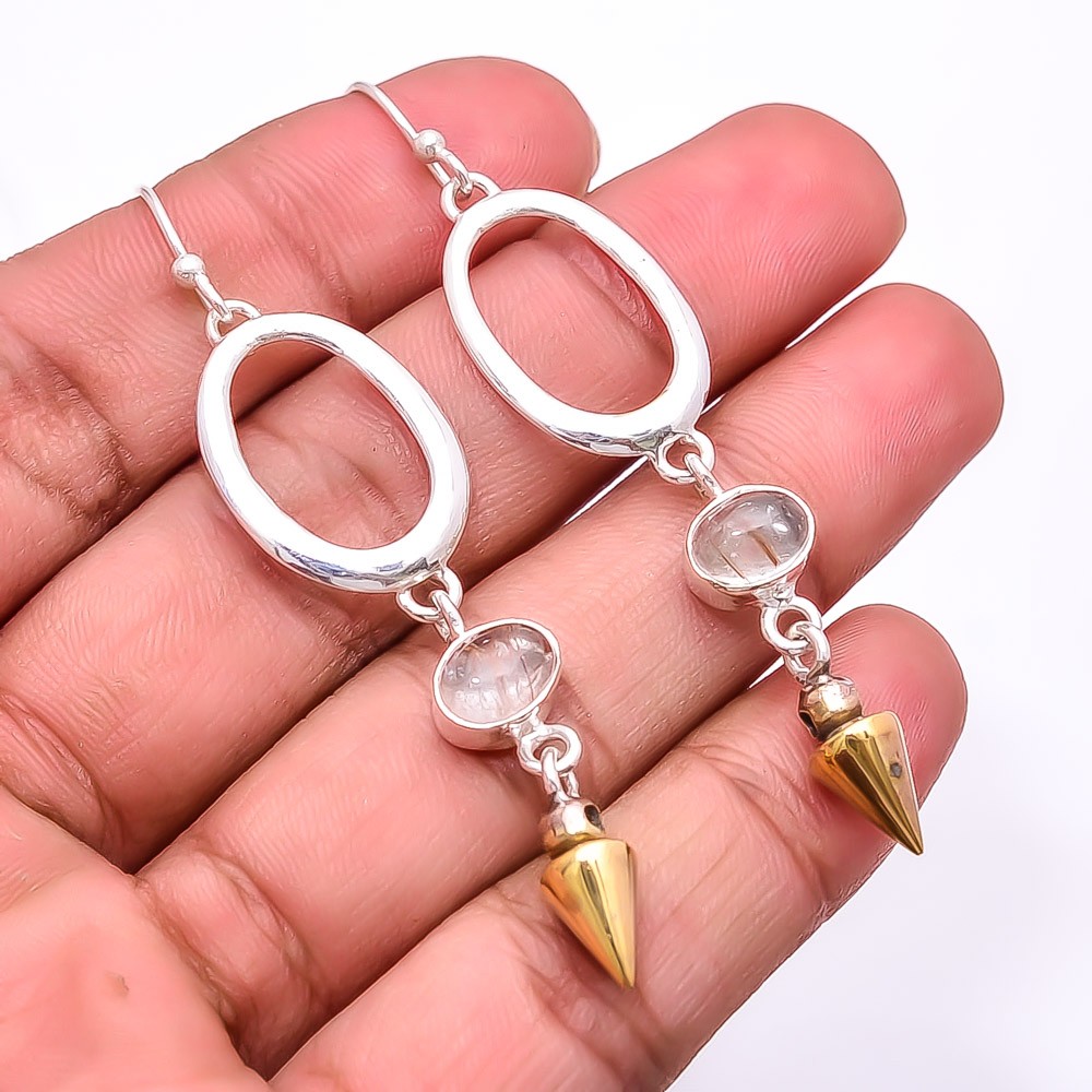 Golden Rutilated Quartz – Brazil 925 Silver Two Tone Arrow Head Earring 2.73″ E8