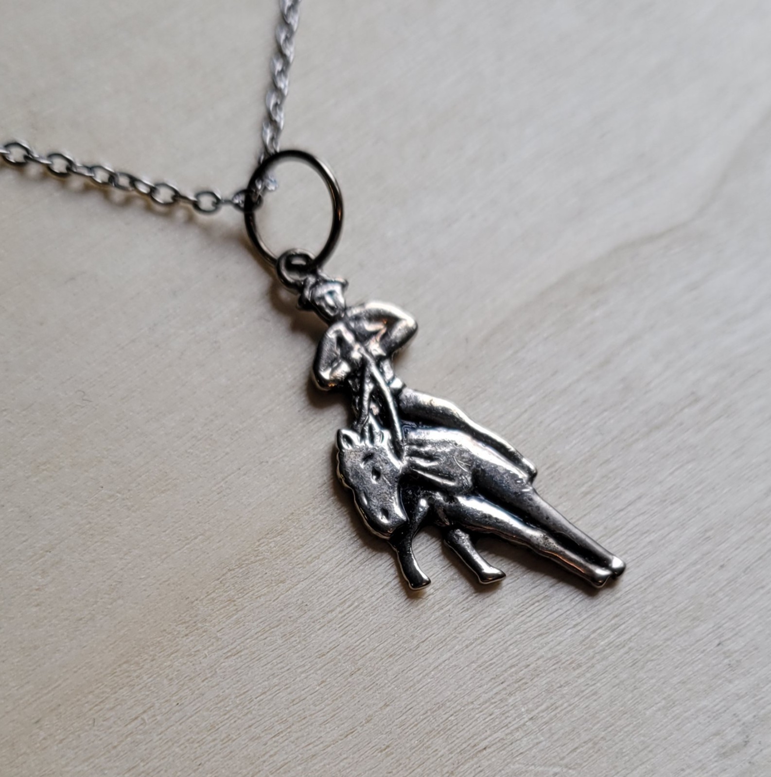 Western Cowboy On Horse Pulling Back The Reins Silver Tone Pendant 18in Necklace
