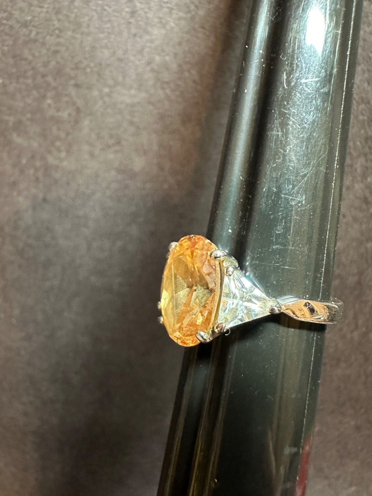 Faux Oval Yellow Citrine & Clear Trillion CZ Ring Size 9 Silvertone