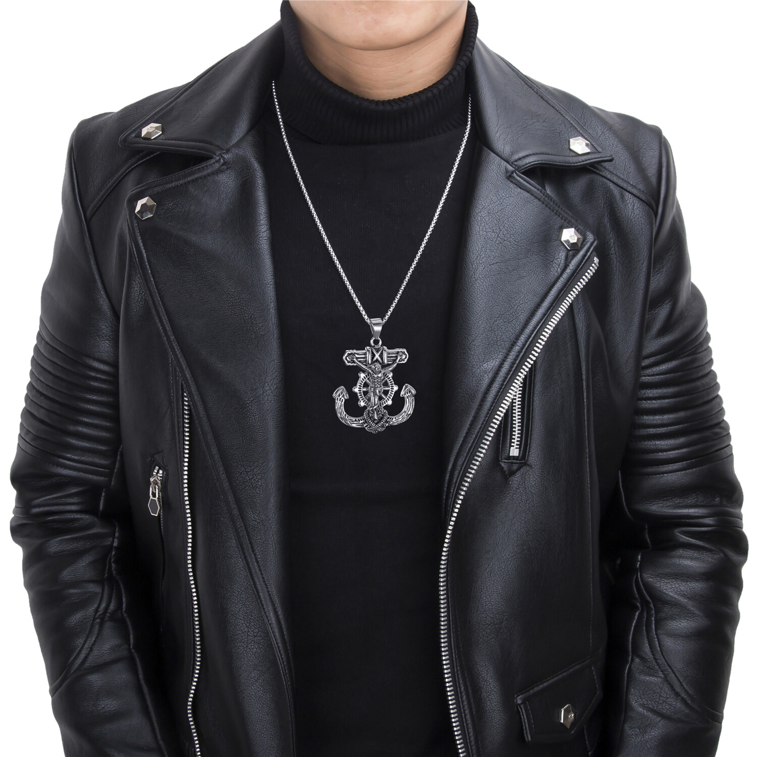 Large Jesus Cross Anchor Men’s Stainless Steel Pendant Chain Necklace set