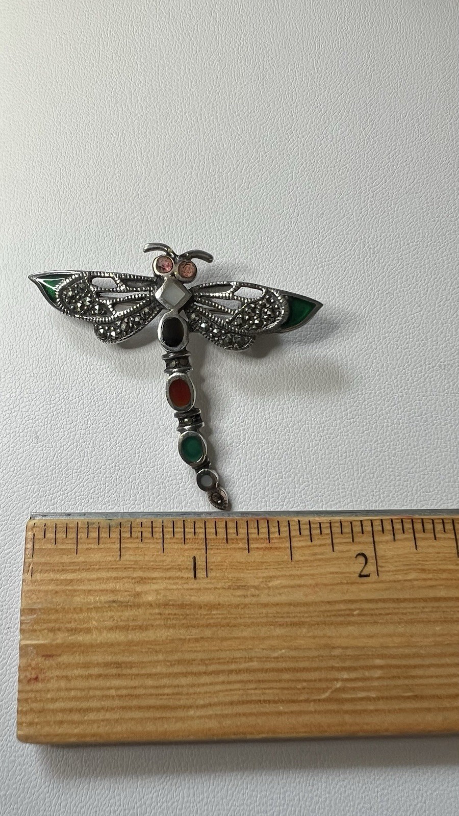 925 Silver Dragonfly Brooch Pin Enamel and Natural Stones Marcasite, 2.5 in