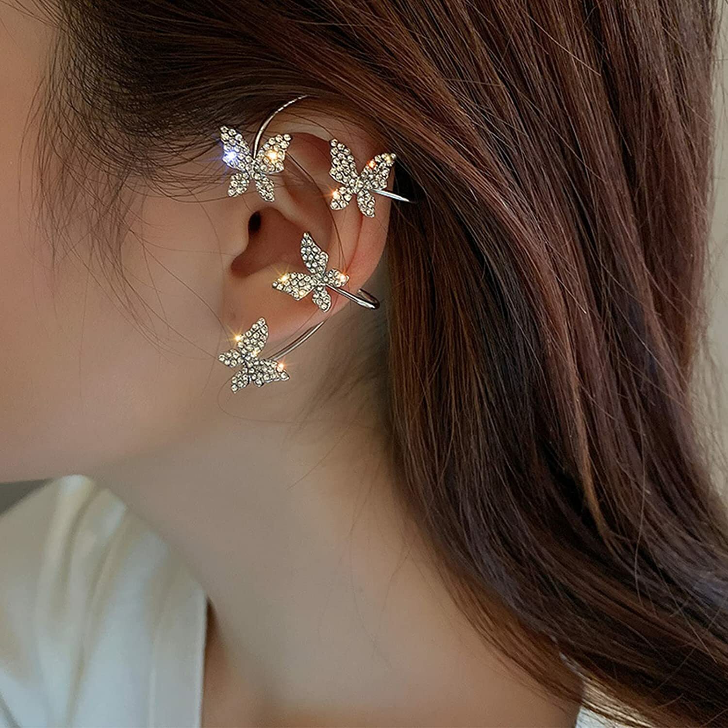 1 pair Butterfly Ear Clip Silver Zircon Earrings Cuff Wrap Women Jewelry Gifts