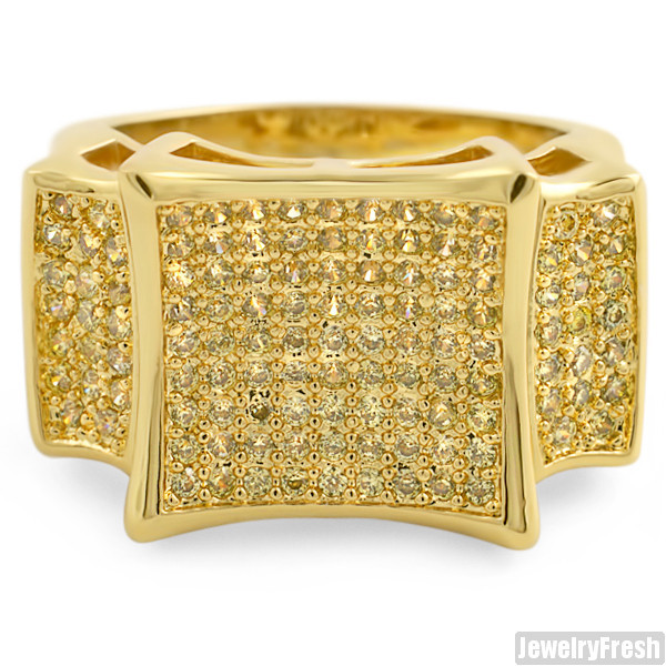 18K Gold Finish Canary Large Kite Micropave CZ Mens Ring