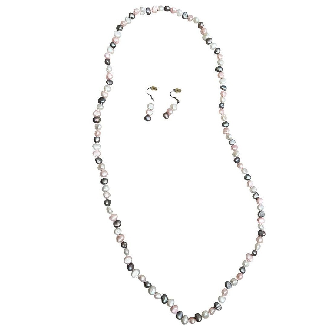 Freshwater Multicolor Pearl Necklace and Earrings Set Pink Gray White Dangle Ear