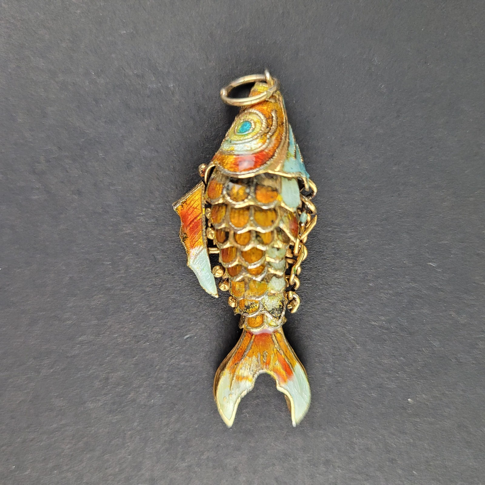 Chinese Gold Gilt Orange Enamel Cloissone Tropical Wiggly Fish Charm Pendant 2″