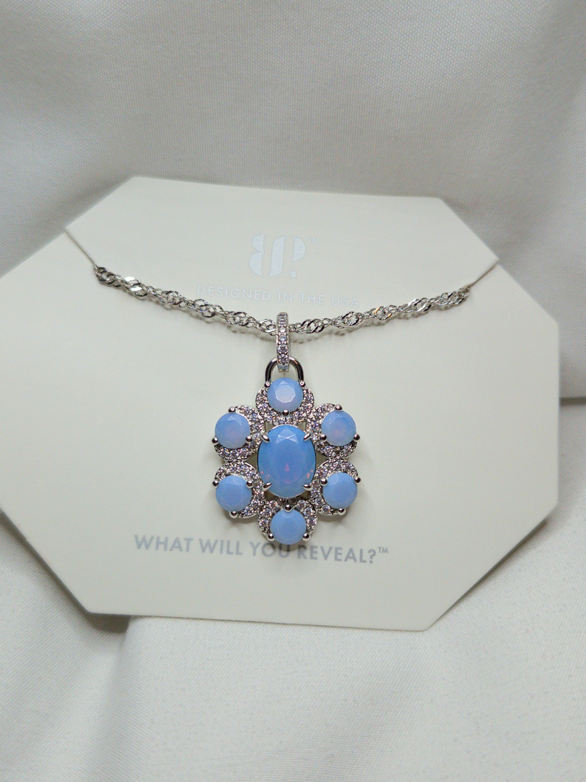 Bomb Party Necklace “Ruby Bliss” Blue Chalcedony On Rhodium Plating