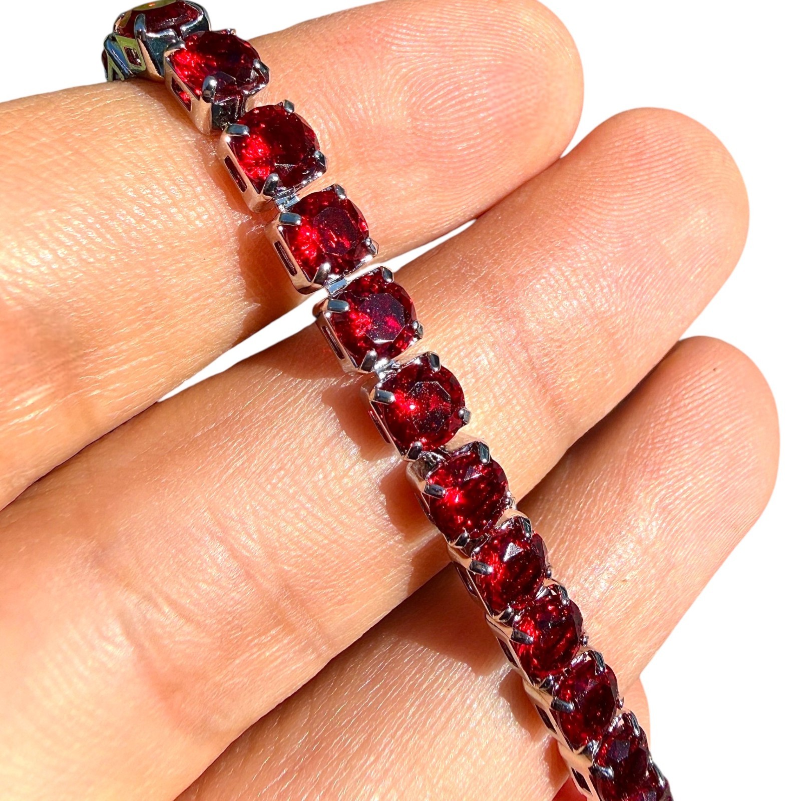 Tennis Bracelet Red Stones Silver Plated 6.7in 7.5in Dainty