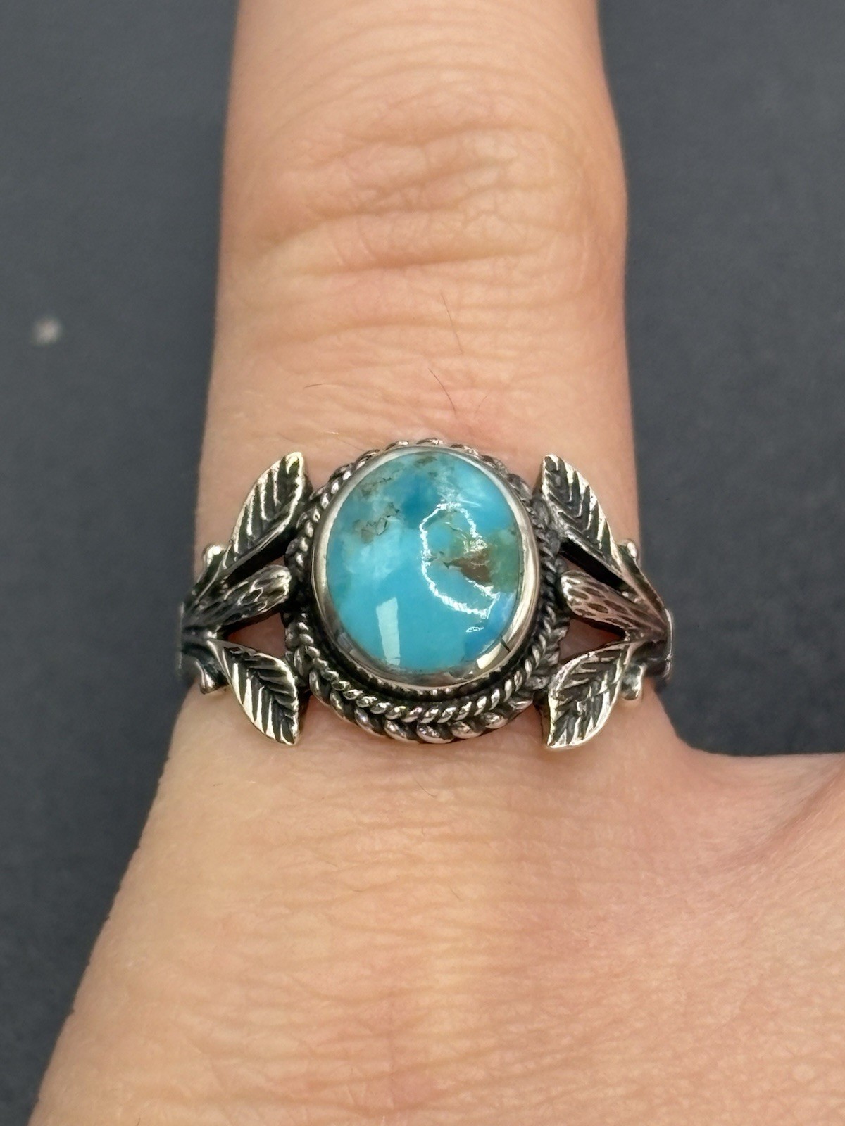 New Condition Sterling Silver Turquoise Plant Botanical Oshank Ring Size 7 E11